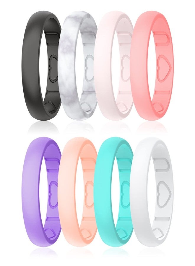 Qinaoco Silicone Ring Women - Heart [I Love U] Pattern Airflow Flow Grooves Breathable Rubber Wedding Bands for Women - 8 Rings / 4 Rings - Image 1